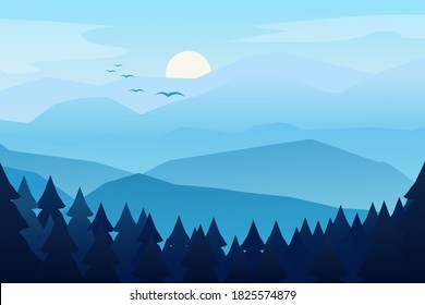 Mountain landscape with mountain. Morning landscape, sunrise in the mountains, panoramic view with hill and forest. Vector illustration