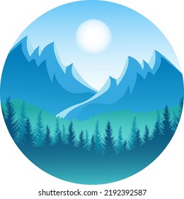 Mountain landscape. Morning, trees against the background of blue mountains. Logo for environmental advertising, packaging design, background for website banners. Vector illustration.