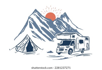 Paisaje de montaña, Casa de motor, Camping en la naturaleza, ilustraciones de vectores de estilo dibujado a mano.	
