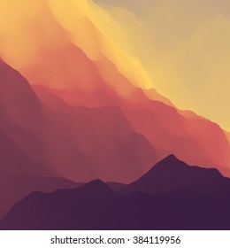 Mountain Landscape. Mountainous Terrain. Mountain Design. Vector Silhouettes Of Mountains Backgrounds. Sunset. Can Be Used For Banner, Flyer, Book Cover, Poster, Web Banners.