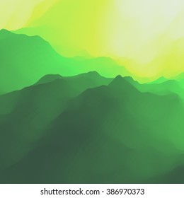 Paisaje de montaña. Terreno montañoso. Diseño de montaña. Silhouettes vectoriales De Montañas. Atardecer. Se Puede Usar Para Banner, Volante, Portada De Libros, Afiche, Banners Web.