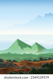 Mountain landscape with mountains and clouds. Mountain nature landscape. Vector illustration.