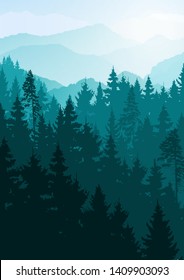 Mountain  landscape. Mountains and coniferous forest. Tourism and travelling. Vector silhouette