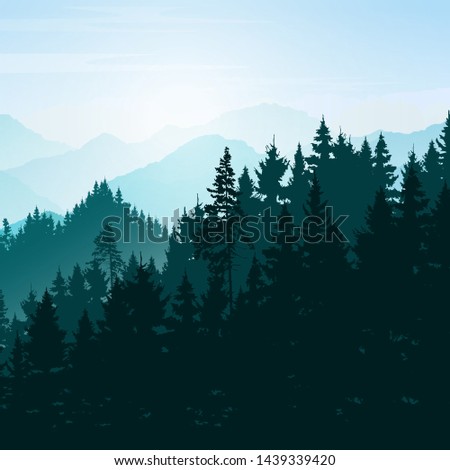 Mountain  landscape. Mountains and coniferous forest. Tourism and travelling. Vector silhouette