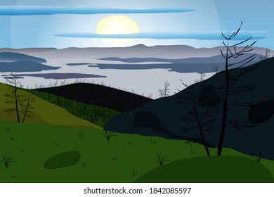 mountain landscape, mountains in the fog, lake