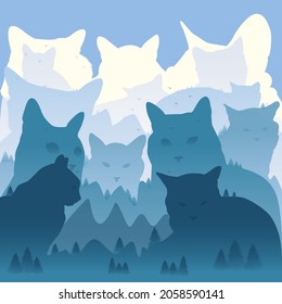 Mountain landscape. Mountains in the form of cats. Mountains, trees, birds and clouds. Vector illustration.