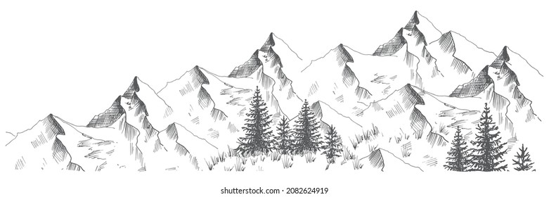 Mountain landscape. Mountains and trees. Hand-drawn sketch. Horizontal vector illustration, isolated on white