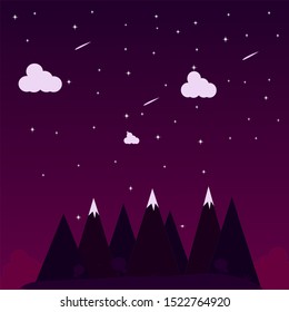 Mountain landscape, mountainscape, mountain mural, winter mountains, Christmas card, children's room decor, wallpapers, Night mountain winter, Vector illustration,  stars on the sky, Purple Mountain 