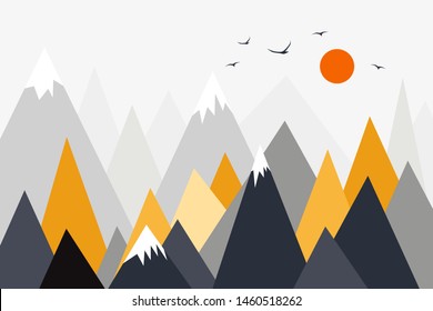 Mountain landscape, mountain mural, children's room wall decor, sunset in mountains