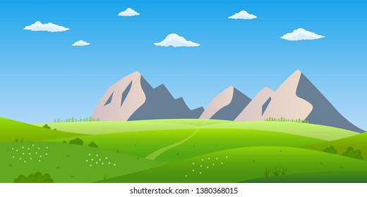 Mountain landscape. Nature background with mountains, hills, summer field or meadow with green grass and sky with clouds. Vector illustration.