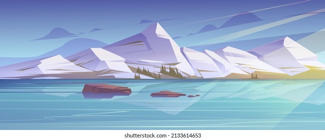 Paisaje montañoso, fondo natural con estanque acuático, rocas, picos nevados, campo verde y árboles. Lago azul calmo bajo el cielo con nubes, vista del paisaje de dibujos animados, destino de viaje Ilustración vectorial