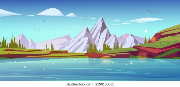 Mountain Landscape, Nature Background With Water Pond, Snowy Peaks, Green Grass On Rocks And Conifers. Calm Lake And Spruces Under Blue Sky With Clouds, Cartoon Scenery View, Vector Illustration