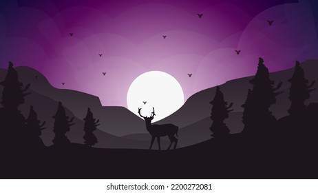 Mountain landscape nature with deer silhoutte flat illustration