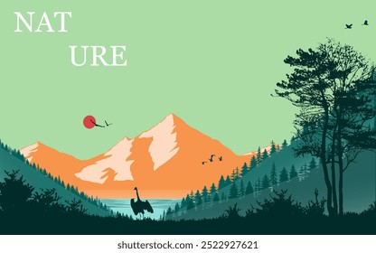 Mountain landscape nature forest scenary vector illustration background cover poster wallpaper jungle birds trees fog mist beautiful nature scene