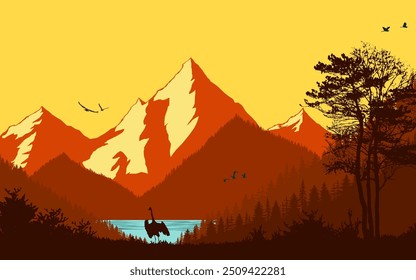 Mountain landscape nature forest woods scenary vector background cover poster wallpaper jungle birds trees fog mist beautiful nature scene illustration