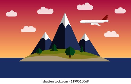 mountain landscape. nature illustration with airplane over island at sunset