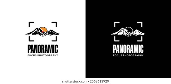 Mountain landscape nature photography logo design with square focus lens frame symbol