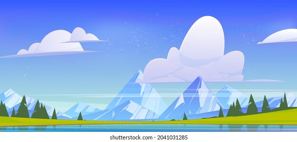 Mountain landscape, nature view with water pond, rock peaks, green field and conifers trees. Calm lake and spruces under blue sky with fluffy clouds, cartoon scenery background, vector illustration