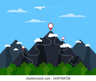 
Mountain landscape. Navigation and tourism in the mountains. Journey to the mountains. Path trajectory with markers in the mountains. Airplane over the mountains and forest.