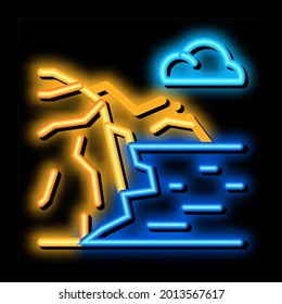mountain landscape near sea neon light sign vector. Glowing bright icon mountain landscape near sea sign. transparent symbol illustration