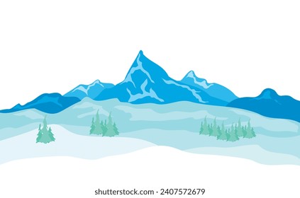Mountain landscape near a snowy plain with Christmas trees. Winter and cold season, winter forest near snowy mountains, travel tourism and recreation. Winter banner, poster, background