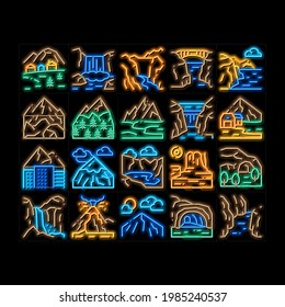 Mountain Landscape neon light sign vector. Glowing bright icon  Forest And Camping On Mountain, Volcano And Cave, City Buildings And Bridge Illustrations