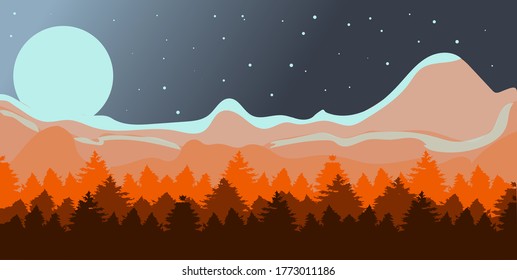 Mountain landscape at night. Big full moon and stars in the sky.  Vector illustration.
