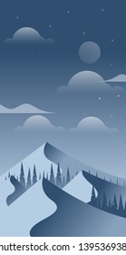 Mountain landscape at night. Dark blue mountain landscape with fog and forest