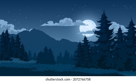 Mountain landscape at night with full moon, clouds, stars pine trees 