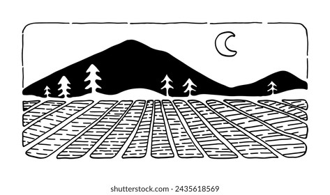 mountain landscape at night, hand drawn illustration
