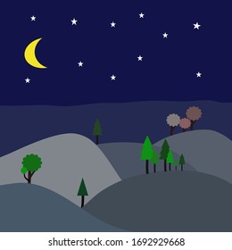 Mountain landscape at night. Moon and stars shine in sky. Scenery of beautiful nature hills and trees. Flat design, illustration vector.