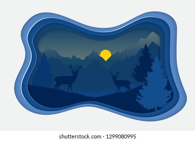 Mountain landscape at night with a pair of deer on the hills at full moon