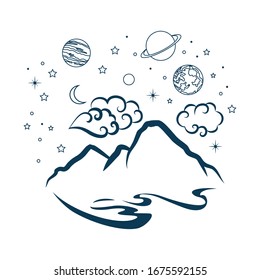 mountain landscape with night sky full of stars and planets, vector