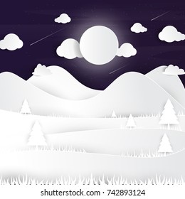 Mountain landscape at night time with paper art style,,moon,hills,star,clouds,vector illustration.