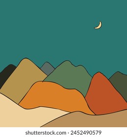 Paisaje de montaña en la Ilustración vectorial nocturna, dibujado a mano contornos de las montañas y la luna llena de diferentes colores