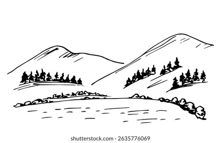 Mountain landscape, northern nature, lake, coniferous trees. Hand drawn vector drawing with black outline. Sketch in ink.