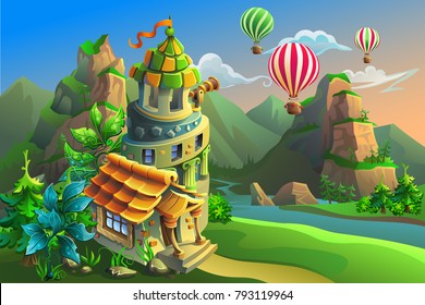 Mountain landscape with an observation tower and fantastic trees. Vector illustration.