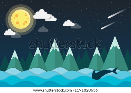 Mountain landscape and ocean at mid night, vector illustration.