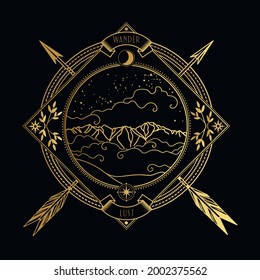 Paisaje de montaña sobre fondo negro. Ilustración dibujada a mano por el vector