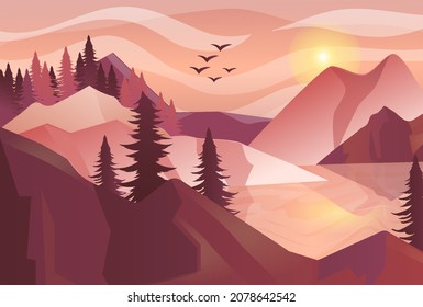Mountain landscape on evening. Burgundy sunset, cool view, pictures for room, wallpaper for phone. Graphic elements for site. Tourism, nature, adventure, travel. Cartoon flat vector illustration