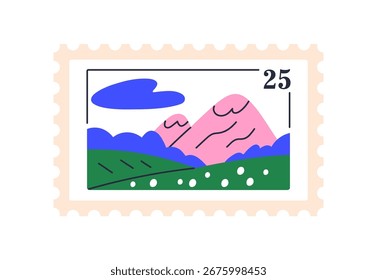 Paisagem de montanha em post mark, projeto de selo de correio filatélico. Natureza com pedras, paisagem de grama, adesivo de correio filatélico, carimbo postal. Ilustração de vetor plano isolada no plano de fundo branco