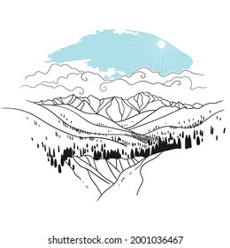 Mountain landscape on white background. Vector hand drawn illustration