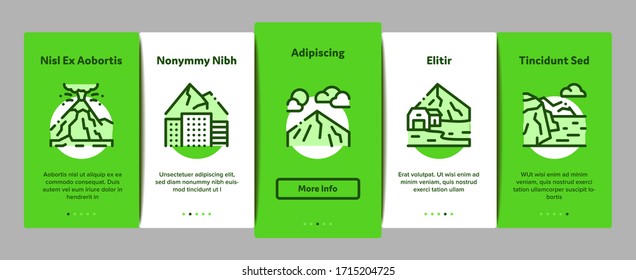 Mountain Landscape Onboarding Mobile App Page Screen Vector. Forest And Camping On Mountain, Volcano And Cave, City Buildings And Bridge Color Contour Illustrations