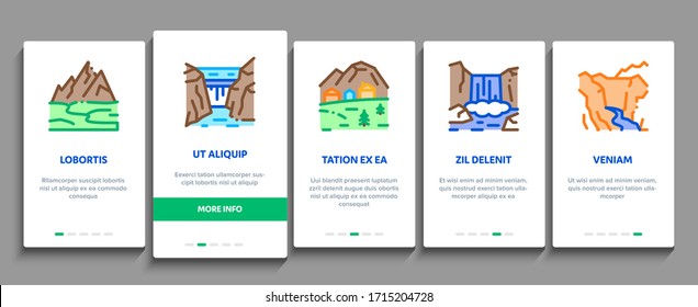 Mountain Landscape Onboarding Mobile App Page Screen Vector. Forest And Camping On Mountain, Volcano And Cave, City Buildings And Bridge Color Contour Illustrations