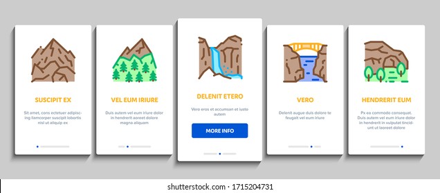 Mountain Landscape Onboarding Mobile App Page Screen Vector. Forest And Camping On Mountain, Volcano And Cave, City Buildings And Bridge Color Contour Illustrations