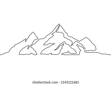 Mountain landscape, one continuous line art drawing. Chain of mountain, hill, nature in simple contour outline. Vector illustration
