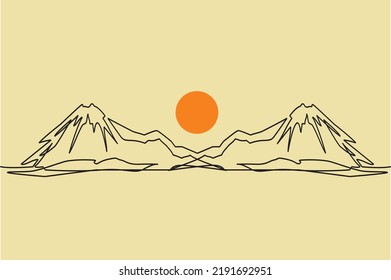 El paisaje de montaña es un vector de dibujo continuo. Monte Fuji con silueta dibujada a mano. Naturaleza, kétch panorámica de rock. Ilustración del contorno minimalista de Fujiyama. Diseño lineal aislado.