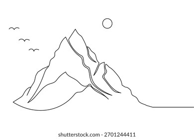 Mountain landscape one line art with pine trees on white background minimalist design