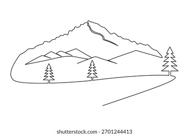 Mountain landscape one line art with pine trees on white background minimalist design