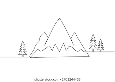 Mountain landscape one line art with pine trees on white background minimalist design